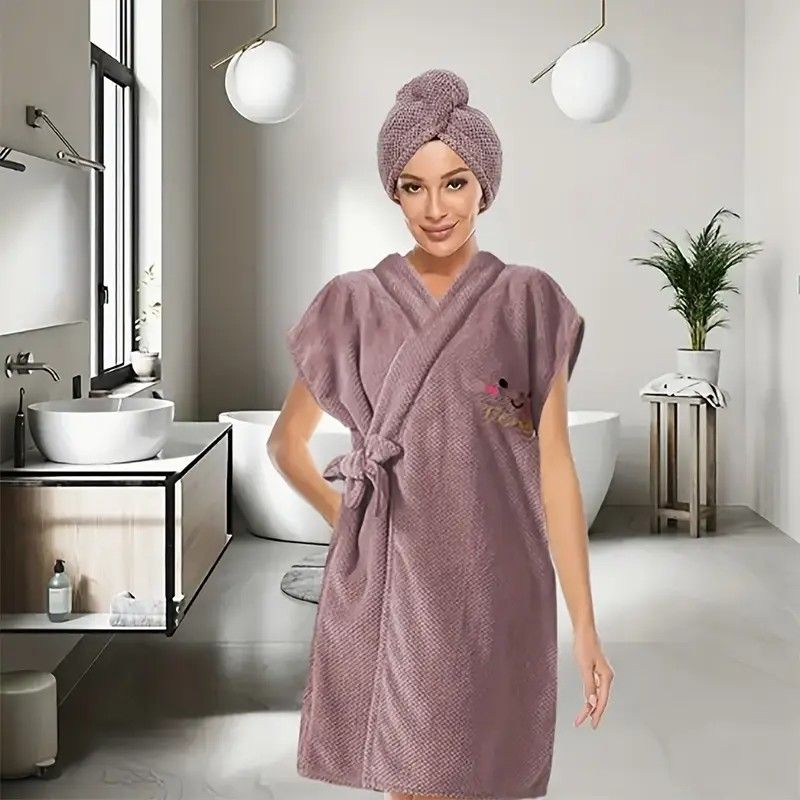 Women's Coral Fleece Pineapple Grid Two-Piece Set | Cloud-Like Touch Adjustable Bath Robe + Hair Towel, Adjustable Tie Belt, Suitable for Daily Home Use(Haze blue)