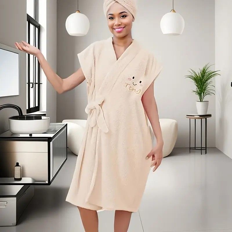 Women's Coral Fleece Pineapple Grid Two-Piece Set | Cloud-Like Touch Adjustable Bath Robe + Hair Towel, Adjustable Tie Belt, Suitable for Daily Home Use(Haze blue)
