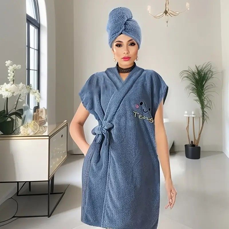 Women's Coral Fleece Pineapple Grid Two-Piece Set | Cloud-Like Touch Adjustable Bath Robe + Hair Towel, Adjustable Tie Belt, Suitable for Daily Home Use(Cream white)