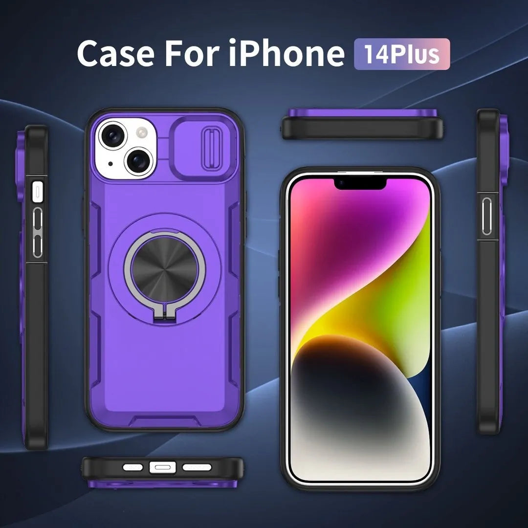 Red Warrior 2-in-1 Magnetic Sliding Lens Case Purple for iPhone 14 Plus