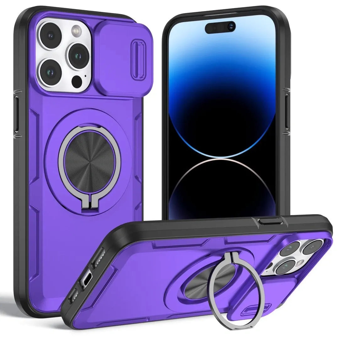 Red Warrior 2-in-1 Magnetic Sliding Lens Case Purple for iPhone 14 Pro Max