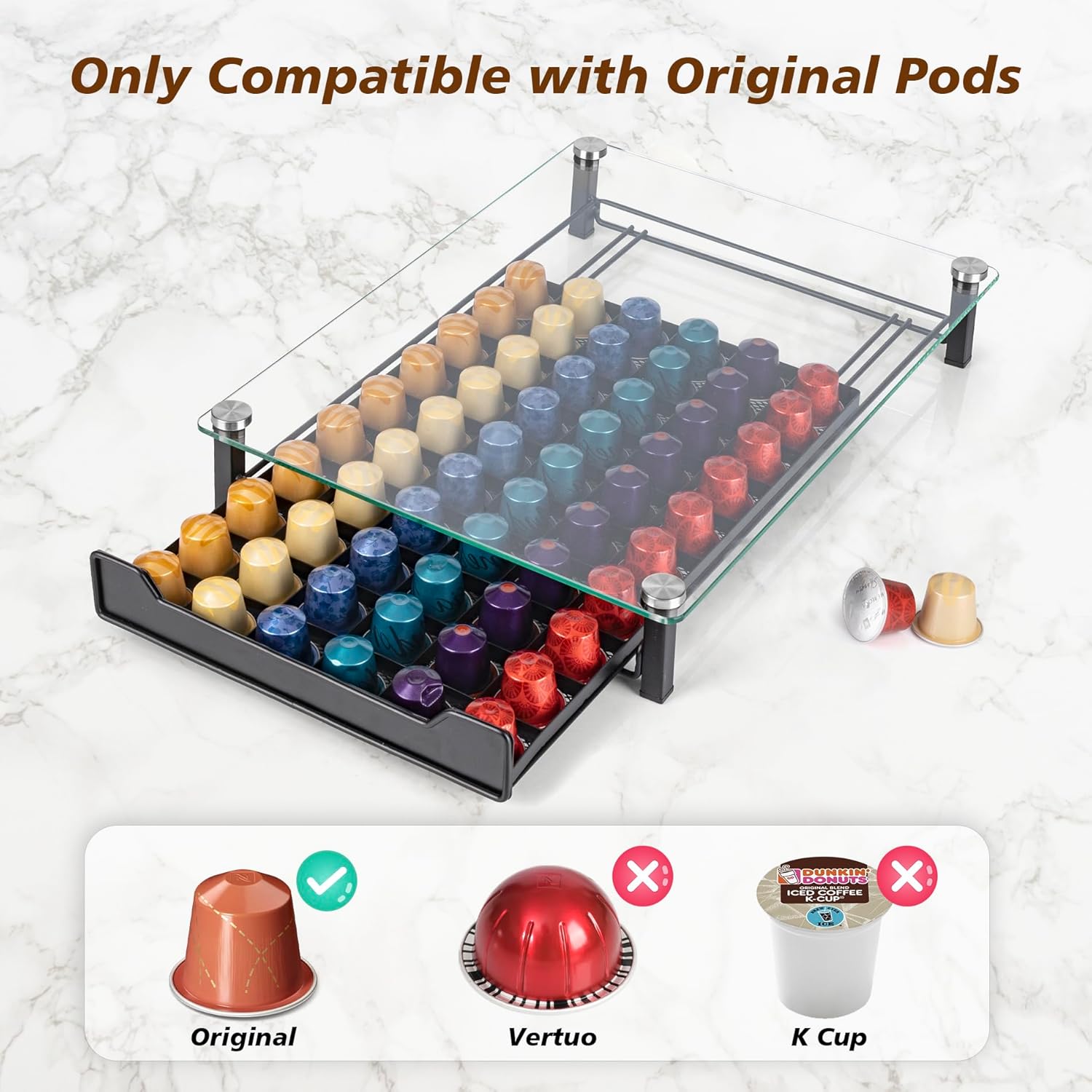 CARLA HOME 60 Coffee Pod Holder Drawer with Tempered Glass Capsule Organizer for Nespresso Pods and Sliding Drawer for Kitchen Countertop