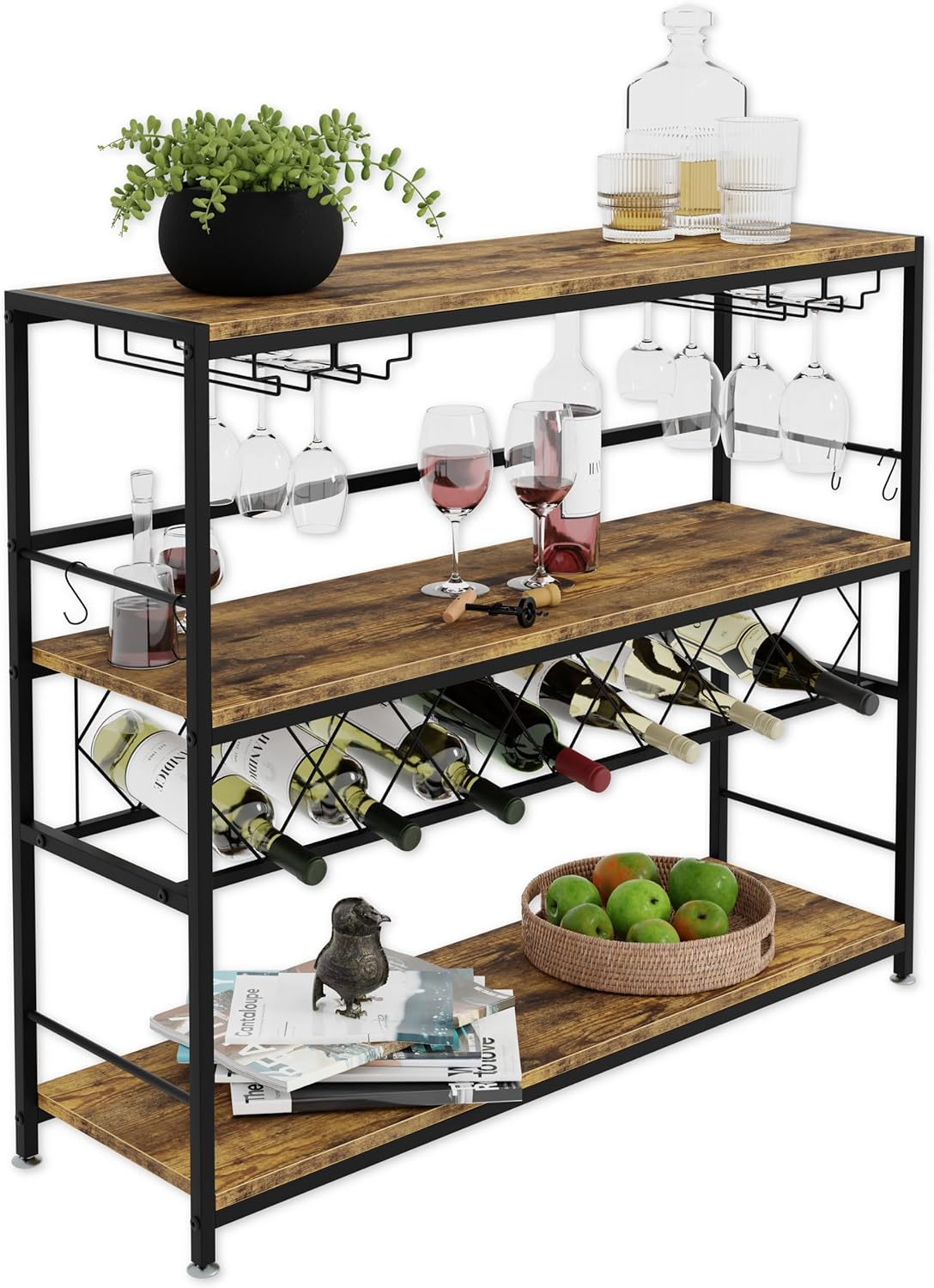 Wine Rack Large - 20+ Bottles Glass Holder Metal Wood 104x96cm