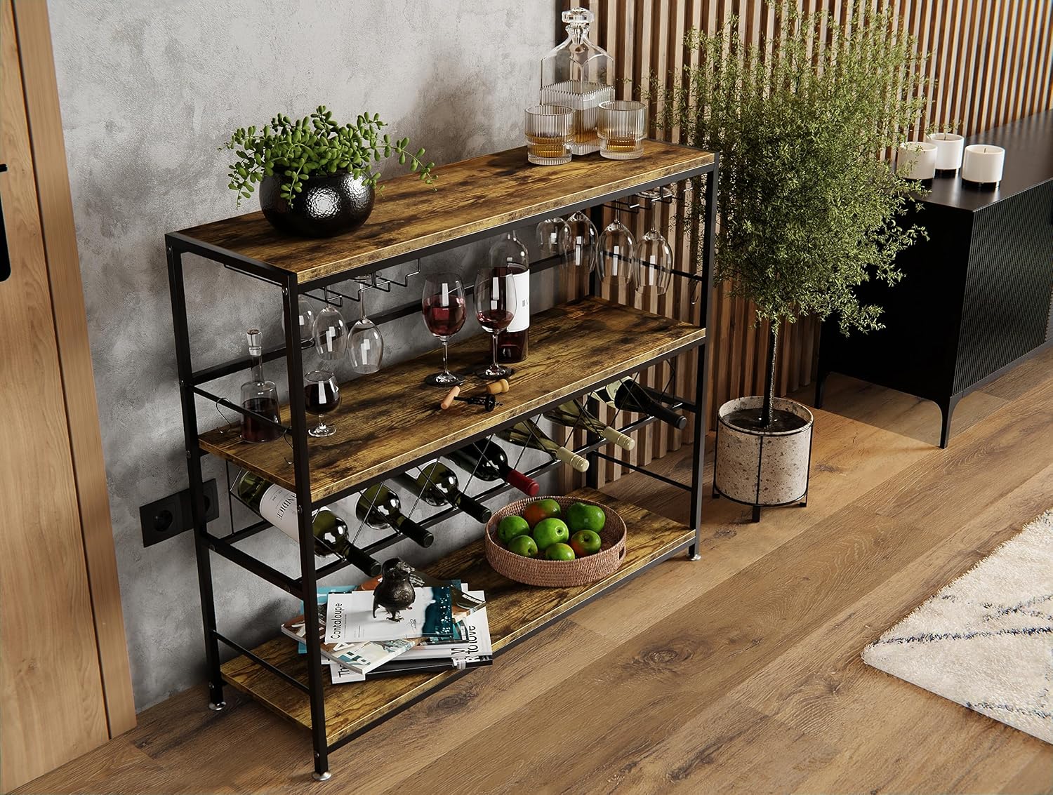 Wine Rack Large - 20+ Bottles Glass Holder Metal Wood 104x96cm