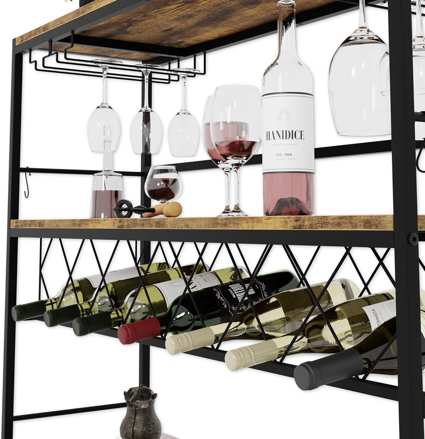 Wine Rack Large - 20+ Bottles Glass Holder Metal Wood 104x96cm