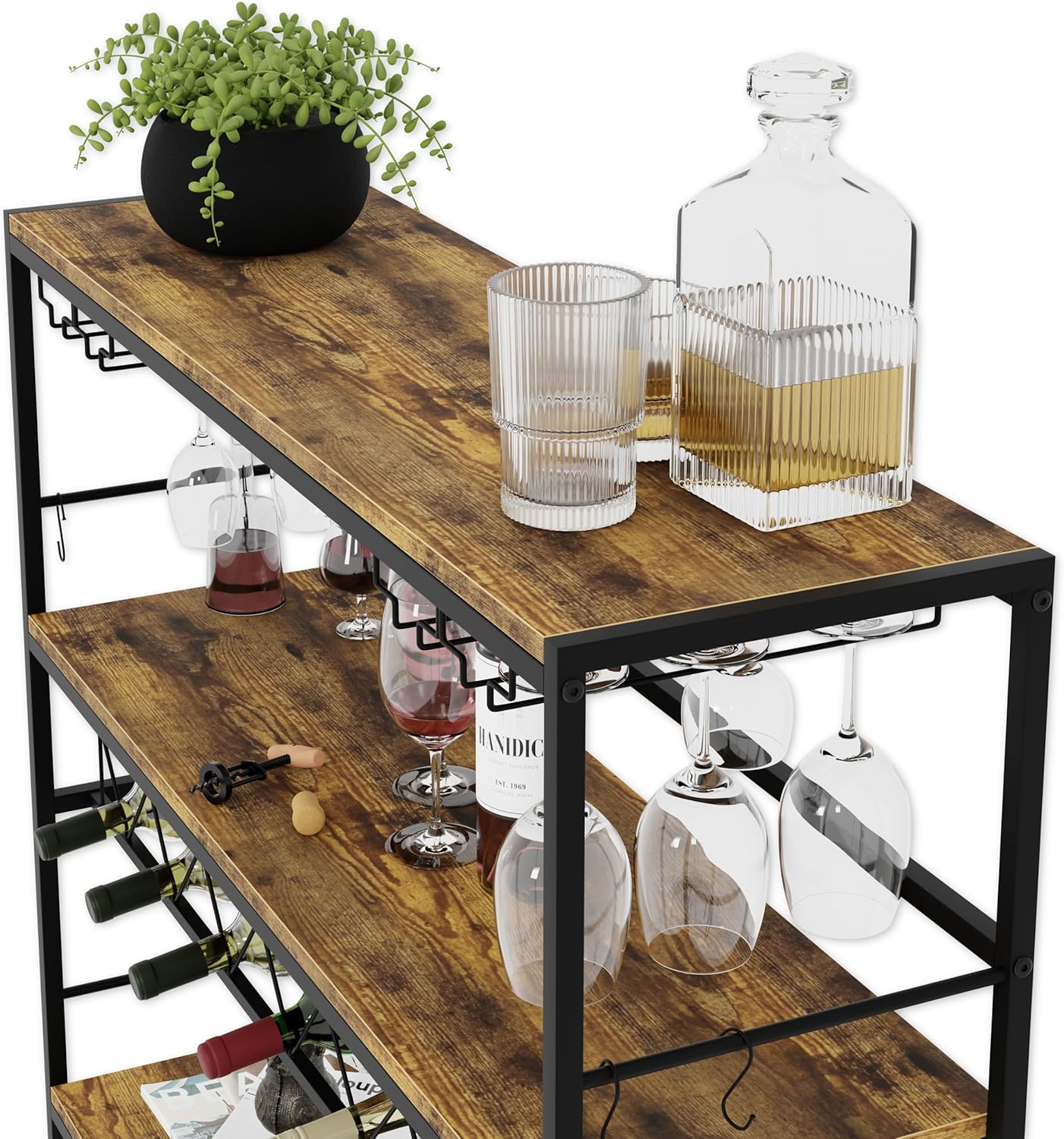 Wine Rack Large - 20+ Bottles Glass Holder Metal Wood 104x96cm