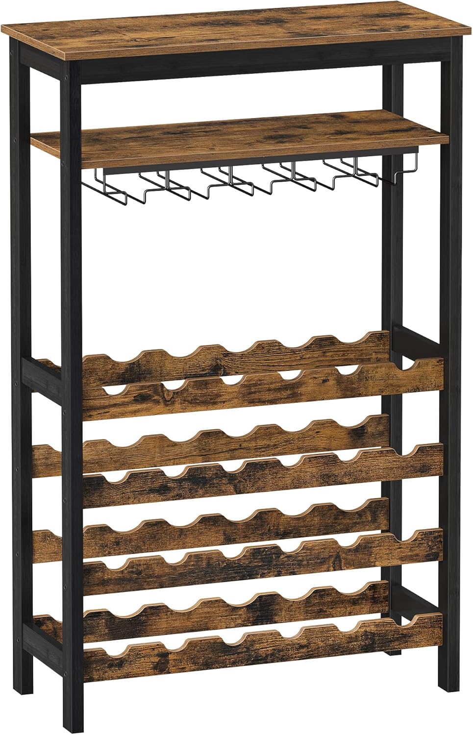 Wine Rack 24 Bottles - Glass Holder Metal Wood Freestanding 100cm