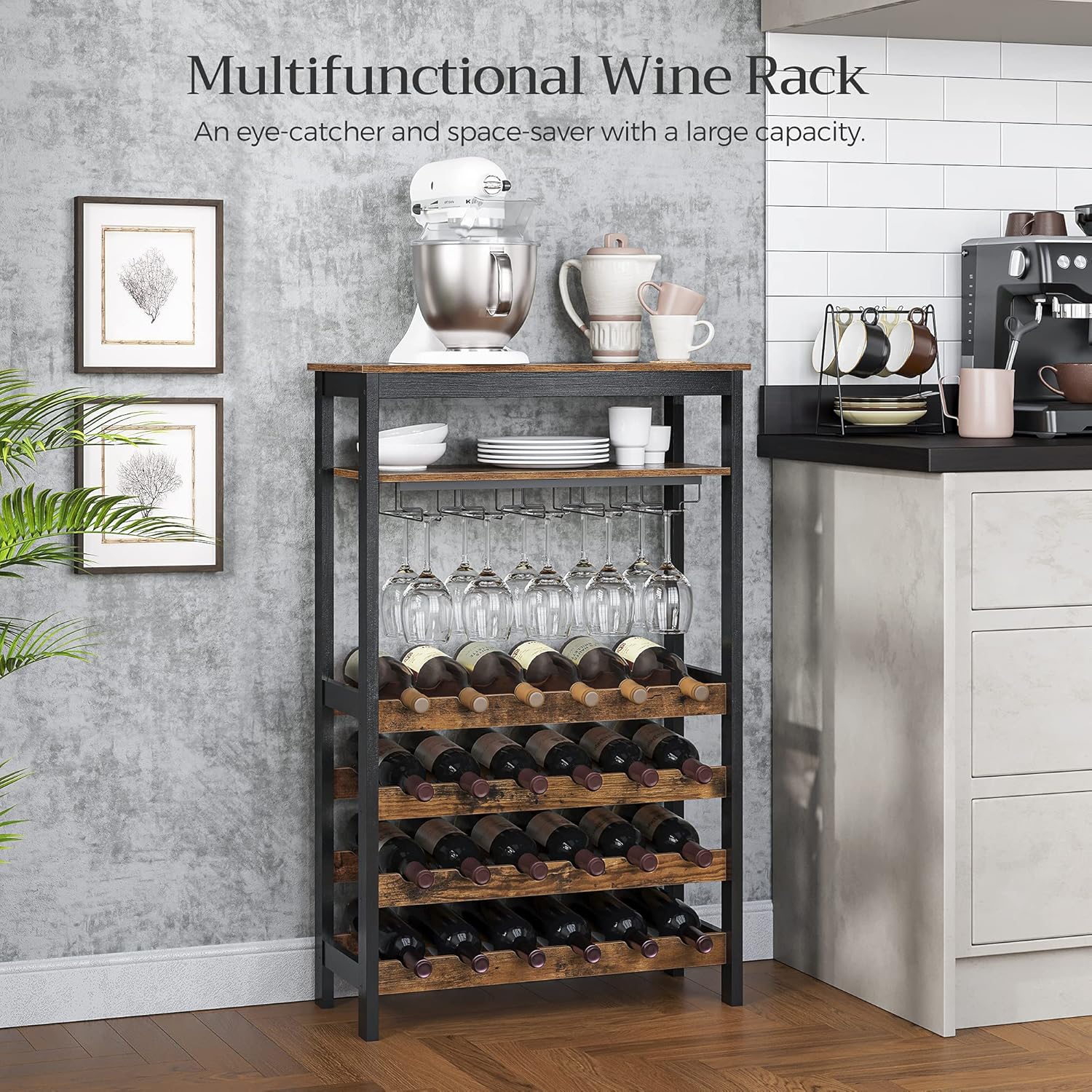 Wine Rack 24 Bottles - Glass Holder Metal Wood Freestanding 100cm