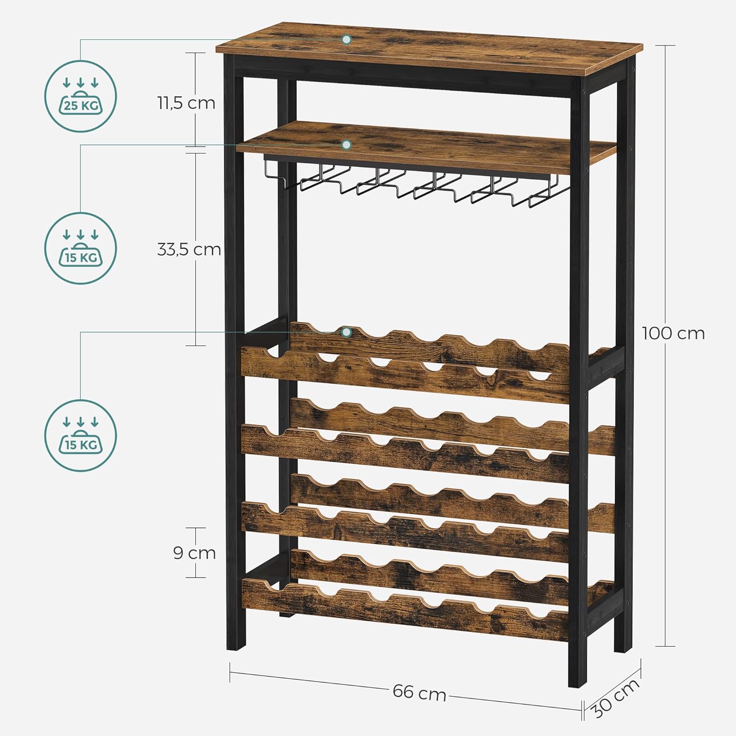 Wine Rack 24 Bottles - Glass Holder Metal Wood Freestanding 100cm