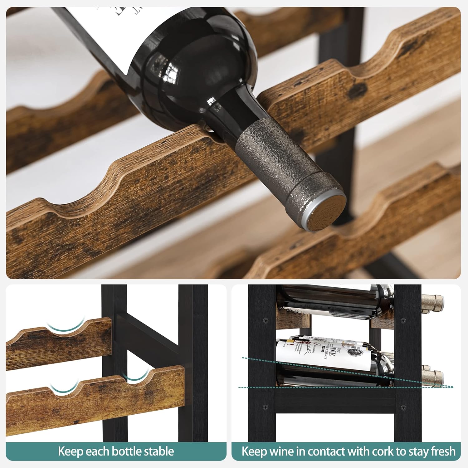 Wine Rack 24 Bottles - Glass Holder Metal Wood Freestanding 100cm