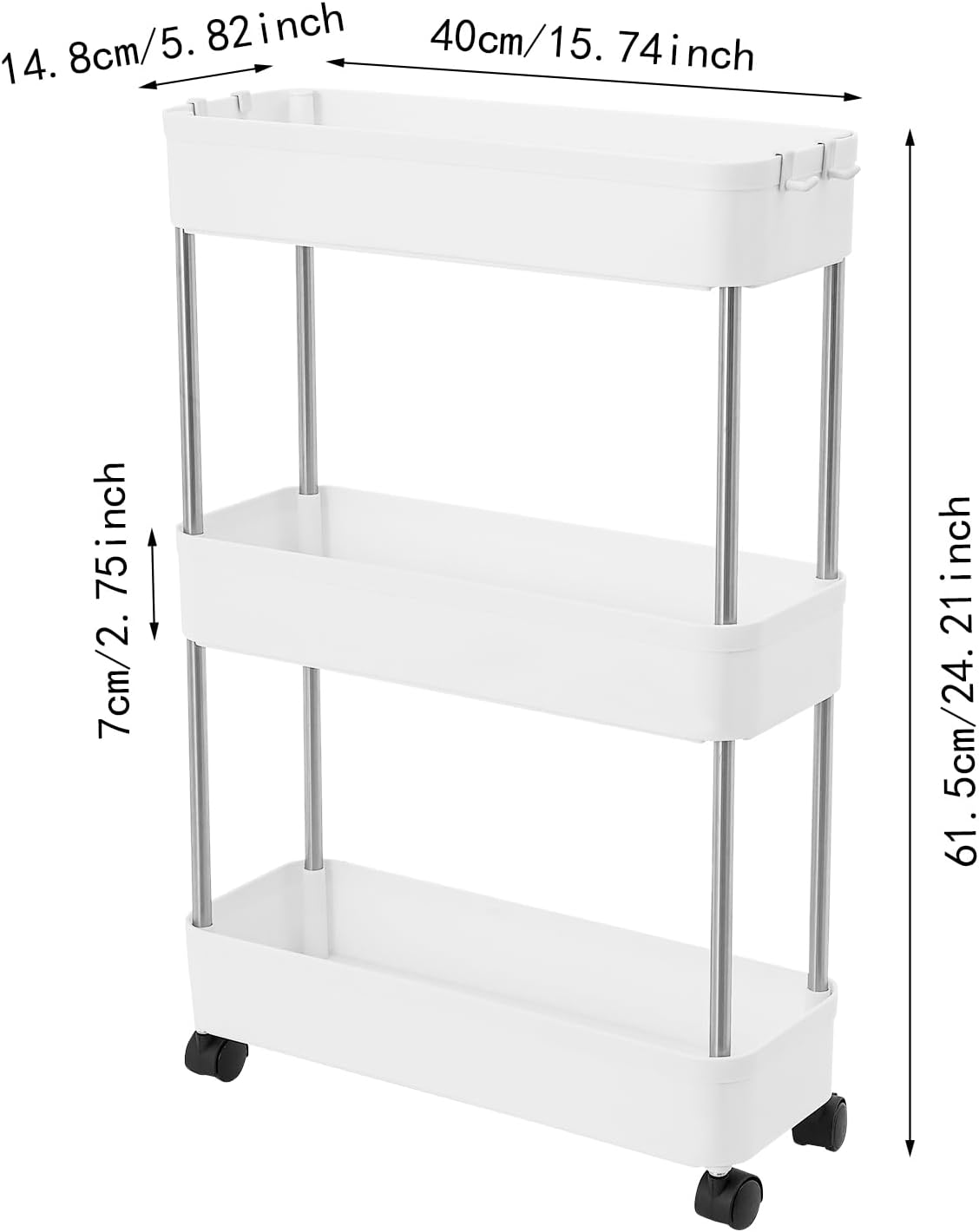 Slim Storage Cart Organizer Trolley with Wheels for Kitchen, Bathroom, Laundry & Narrow Spaces (3 tier)