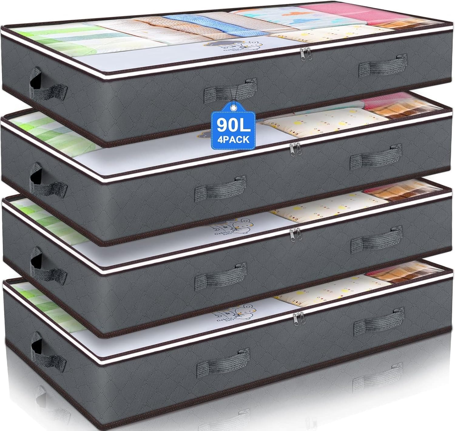 4 Pack Underbed Storage Bins with 90L Large Capacity Storage Containers for Comforters, Linen, Pillows, Toys, Towels, Blankets