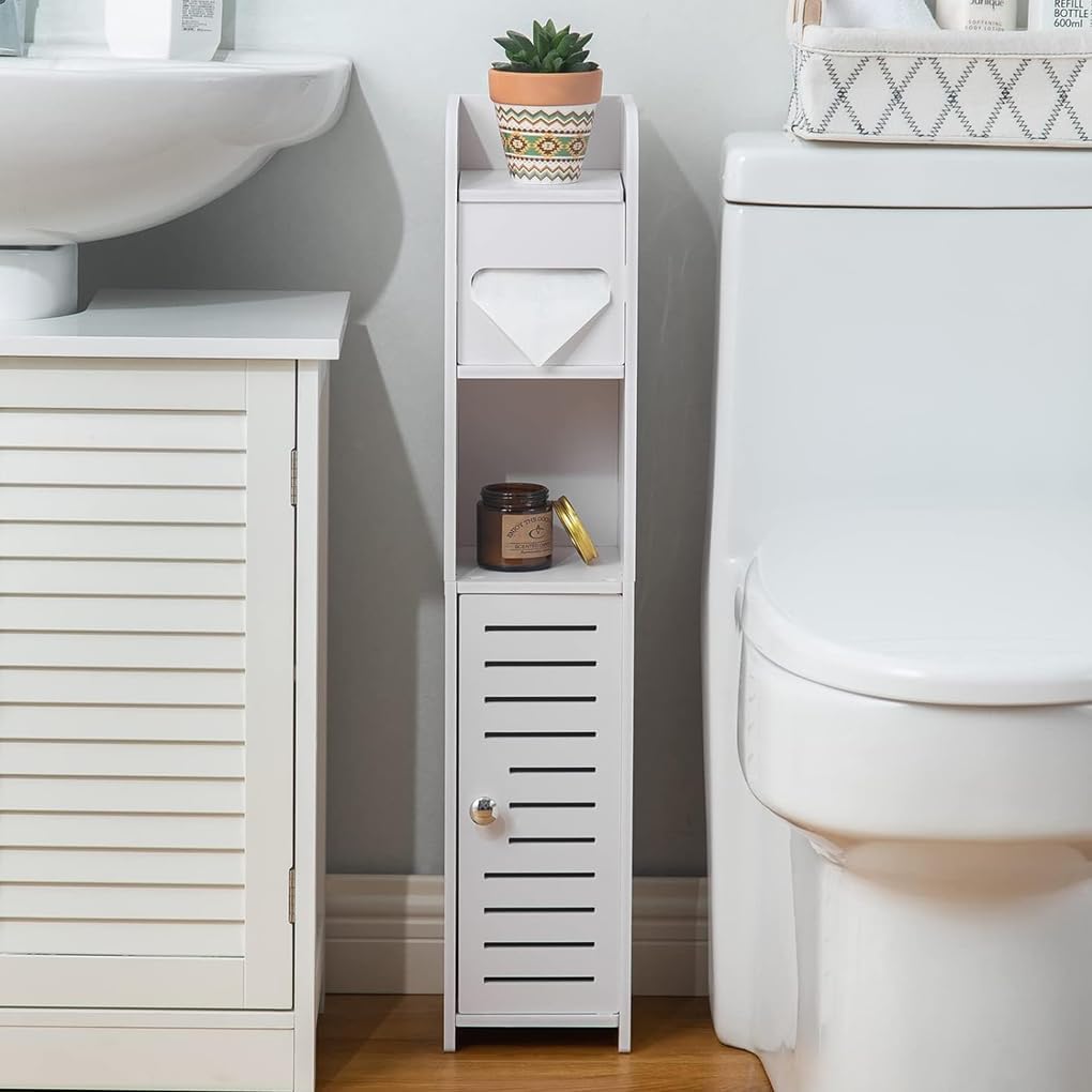 Slim Bathroom Cabinet with Toilet Paper Holder for Toilet or Laundry Room