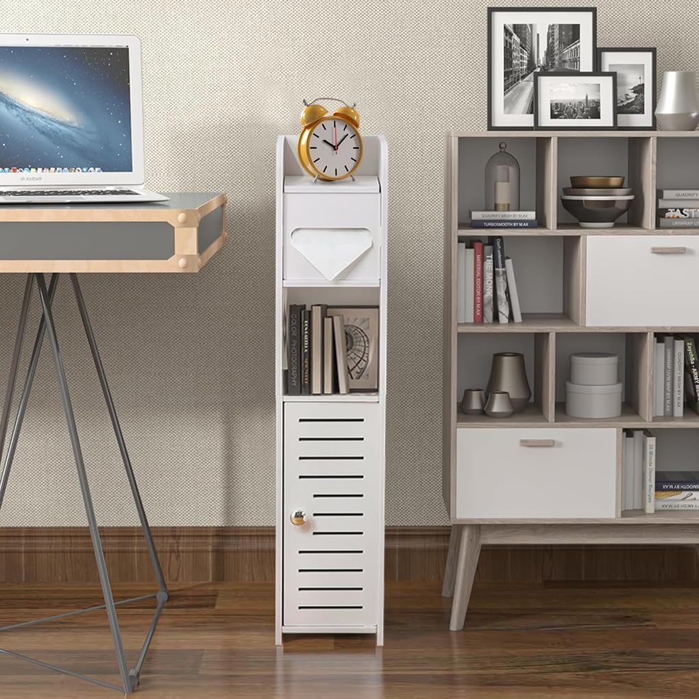 Slim Bathroom Cabinet with Toilet Paper Holder for Toilet or Laundry Room