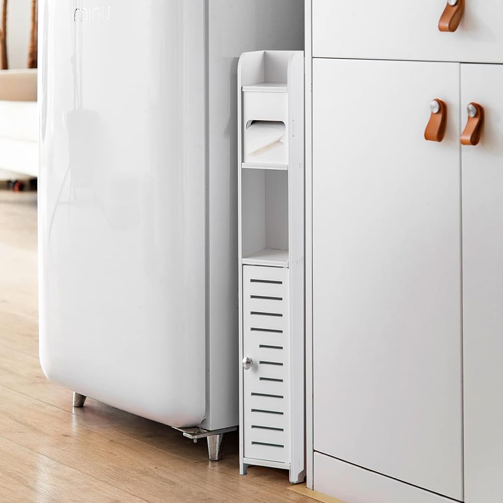 Slim Bathroom Cabinet with Toilet Paper Holder for Toilet or Laundry Room