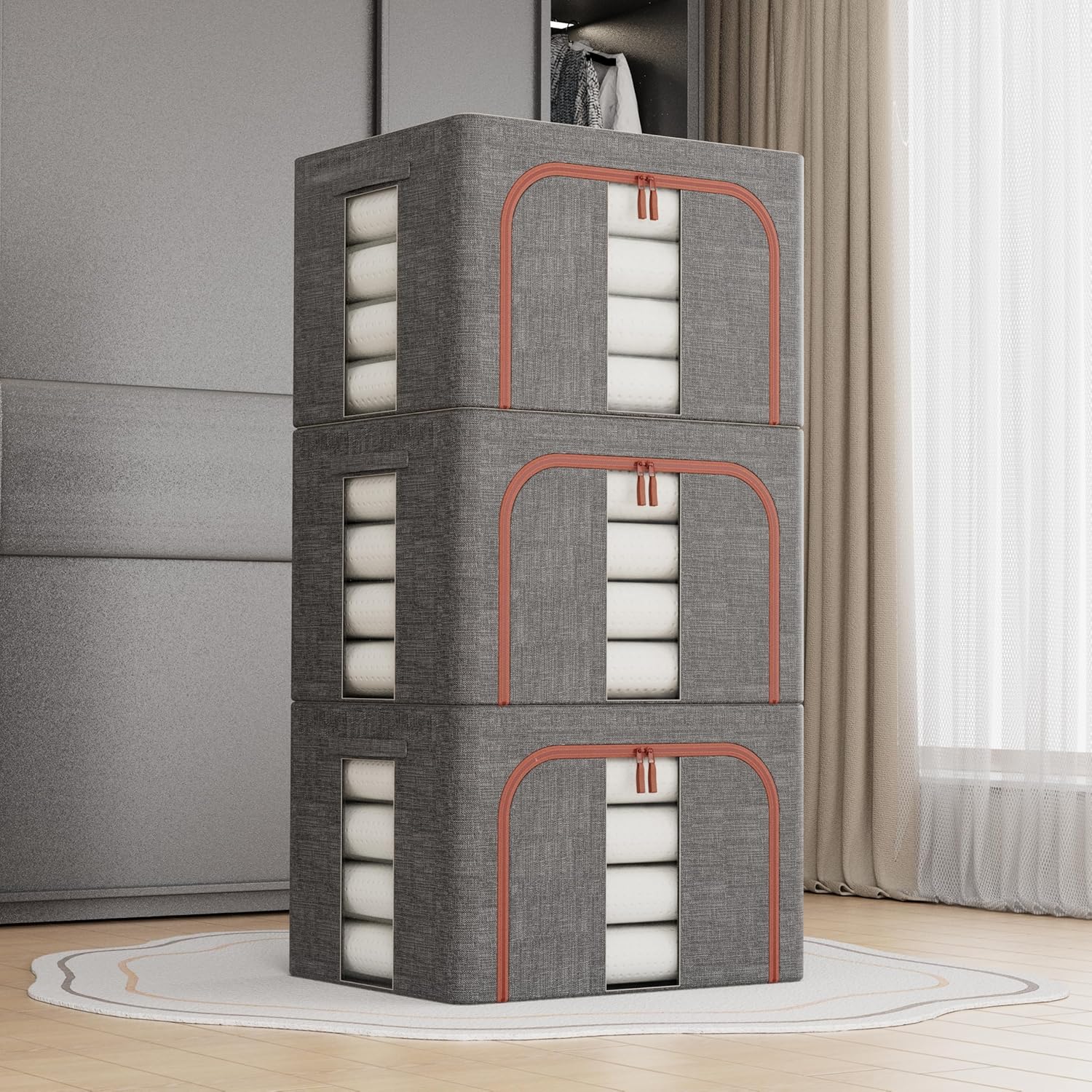 3 pack Large Clothes Storage Bins with Lids for Clothing, Bedding, Blankets, Toys (66L capacity - Grey)