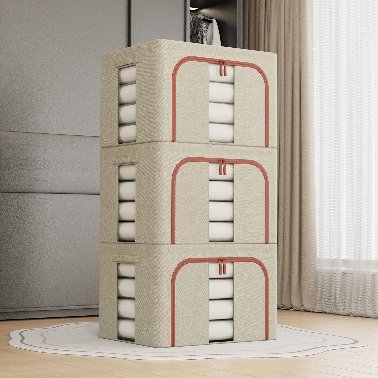 3 pack Large Clothes Storage Bins with Lids for Clothing, Bedding, Blankets, Toys (66L capacity - Beige)