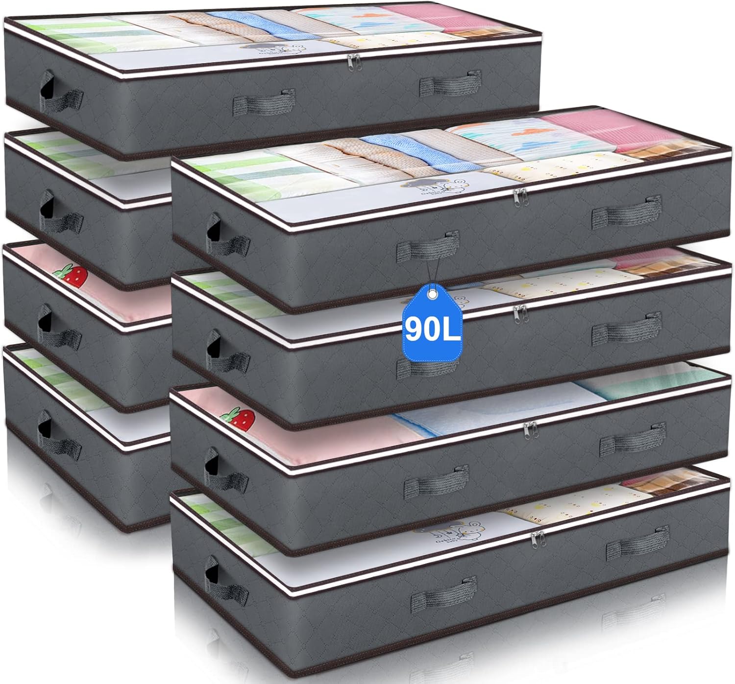 8 Pack Underbed Storage Bins with 90L Large Capacity Storage Containers for Comforters, Linen, Pillows, Toys, Towels, Blankets