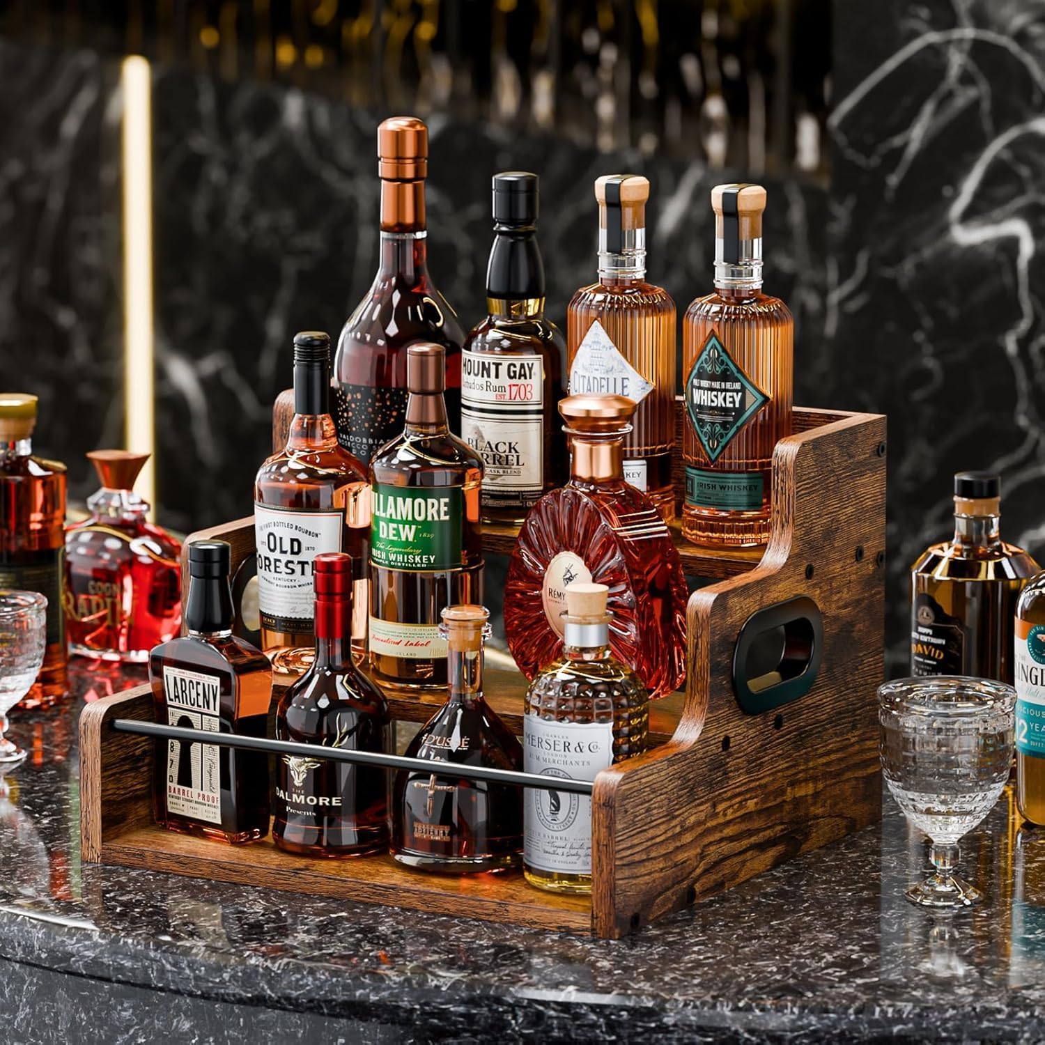 3-Tier Liquor Bottle Display Shelf Rack Bar Organizer for Whiskey, Wine, Coffee Syrups, Spirits & Bottles