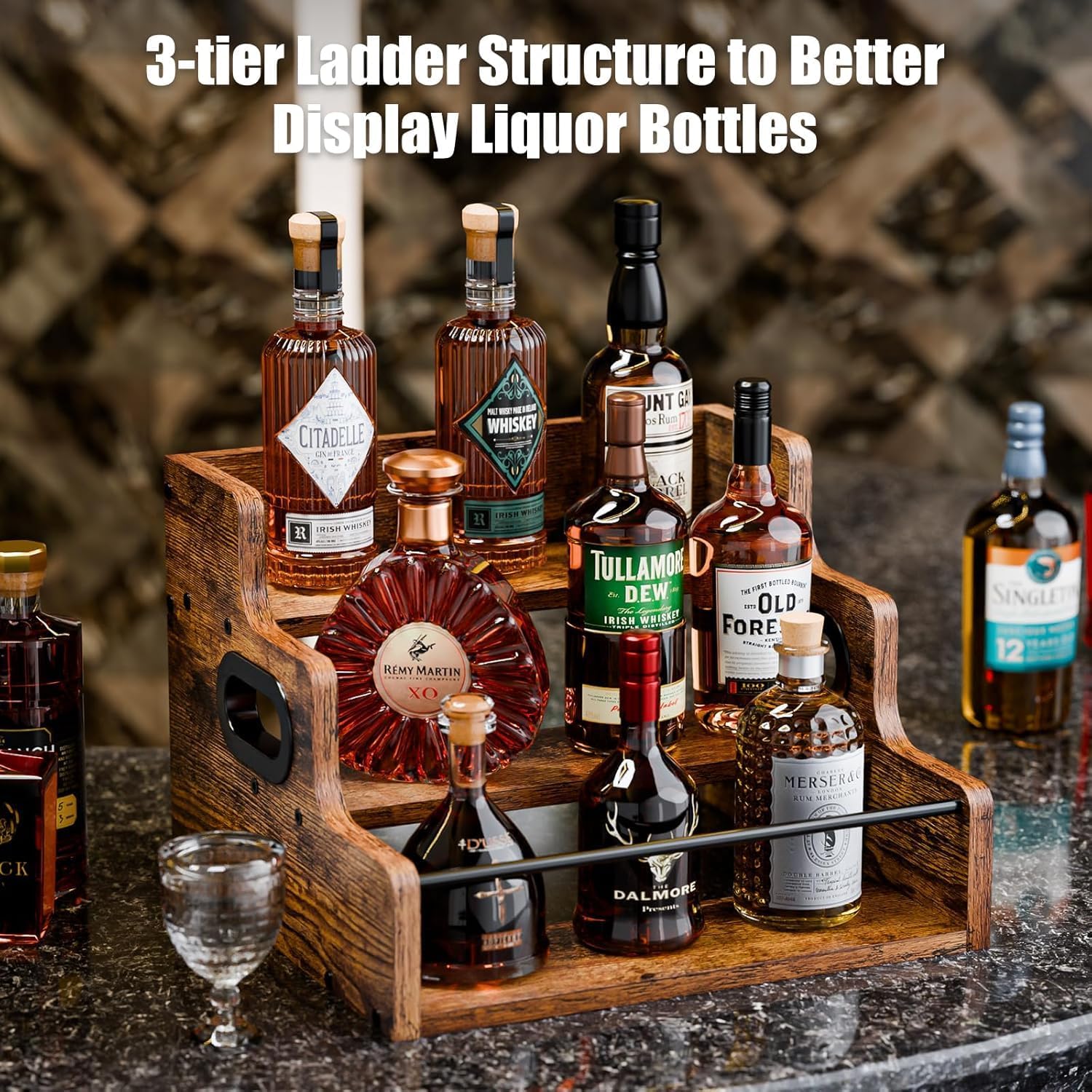 3-Tier Liquor Bottle Display Shelf Rack Bar Organizer for Whiskey, Wine, Coffee Syrups, Spirits & Bottles