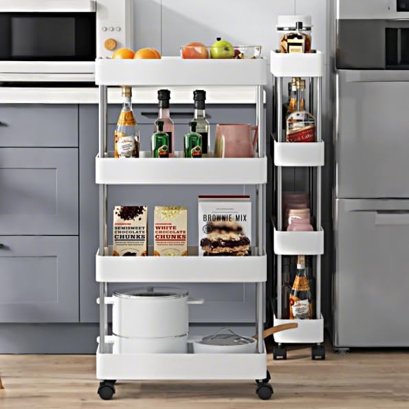 Slim Storage Cart Organizer Trolley with Wheels for Kitchen, Bathroom, Laundry & Narrow Spaces (4 tier)