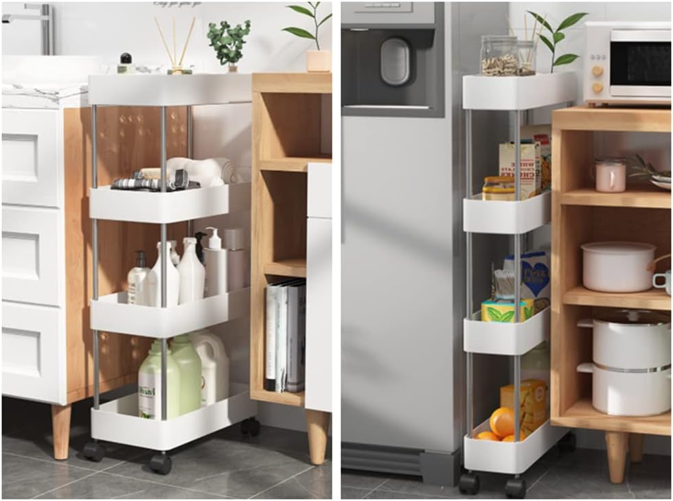 Slim Storage Cart Organizer Trolley with Wheels for Kitchen, Bathroom, Laundry & Narrow Spaces (4 tier)