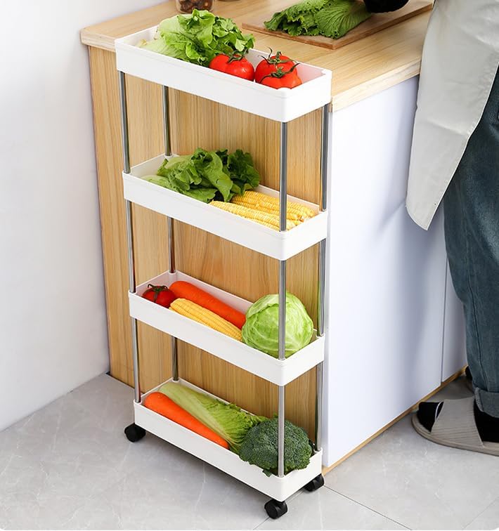 Slim Storage Cart Organizer Trolley with Wheels for Kitchen, Bathroom, Laundry & Narrow Spaces (4 tier)