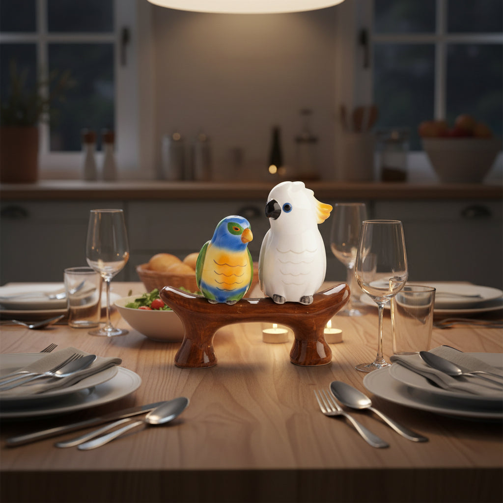 Two ceramic parrot figurines on a wooden branch against a white background