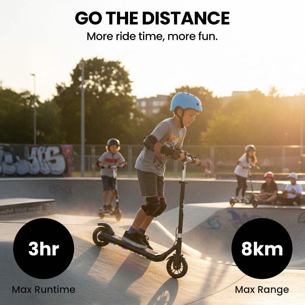 ALPHA Edge Electric Scooter, Kids & Teens, Adjustable Handlebars, 3 Speed Modes, Dual Foot E-Brake, Bluetooth Music, LED, Black