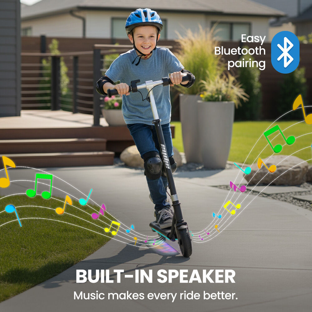 ALPHA Edge Electric Scooter, Kids & Teens, Adjustable Handlebars, 3 Speed Modes, Dual Foot E-Brake, Bluetooth Music, LED, Black