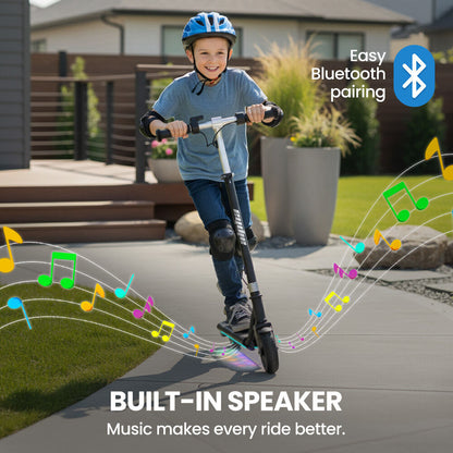 ALPHA Edge Electric Scooter, Kids & Teens, Adjustable Handlebars, 3 Speed Modes, Dual Foot E-Brake, Bluetooth Music, LED, Black