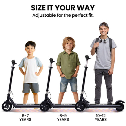ALPHA Edge Electric Scooter, Kids & Teens, Adjustable Handlebars, 3 Speed Modes, Dual Foot E-Brake, Bluetooth Music, LED, Black