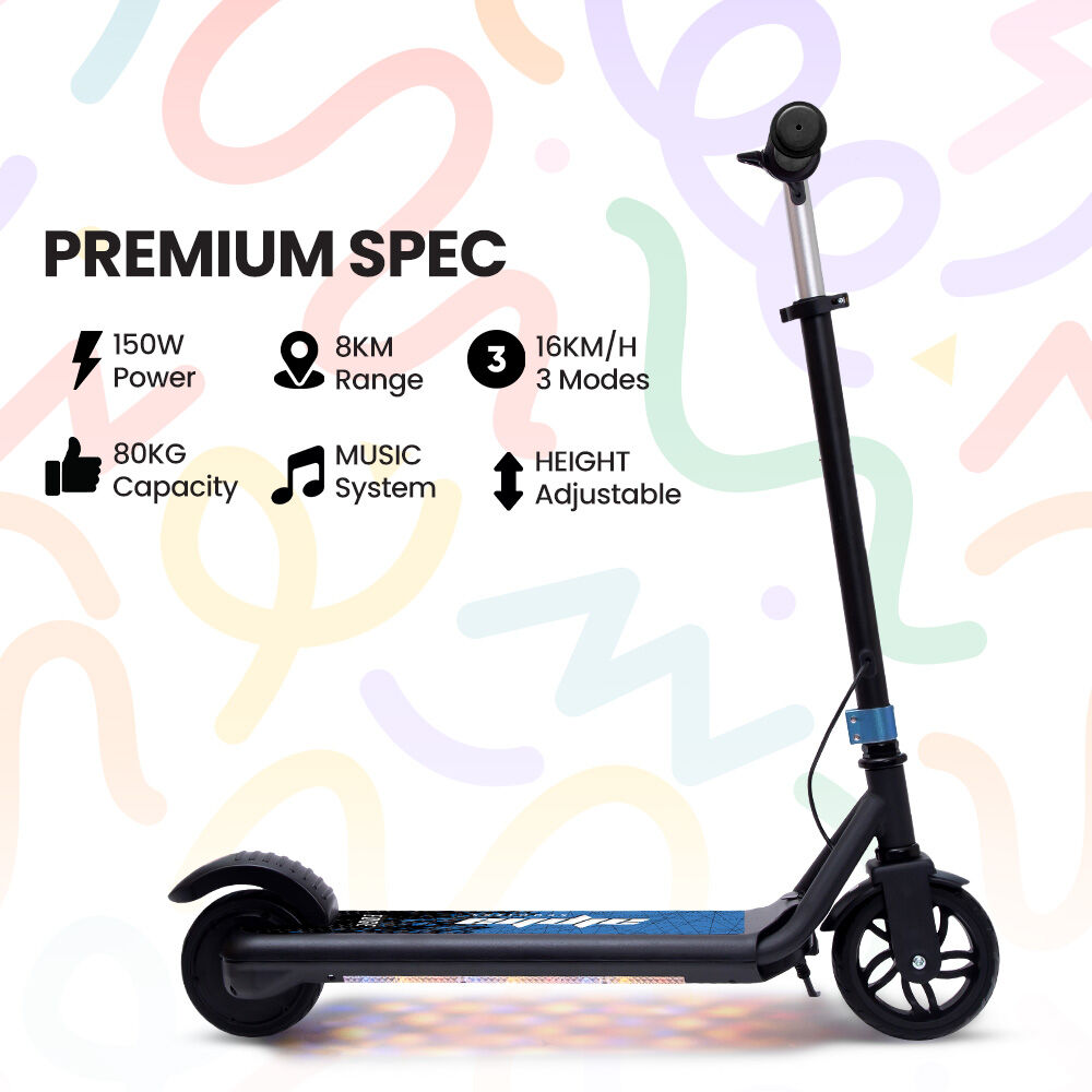 ALPHA Edge Electric Scooter, Kids & Teens, Adjustable Handlebars, 3 Speed Modes, Dual Foot E-Brake, Bluetooth Music, LED, Blue