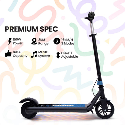 ALPHA Edge Electric Scooter, Kids & Teens, Adjustable Handlebars, 3 Speed Modes, Dual Foot E-Brake, Bluetooth Music, LED, Blue
