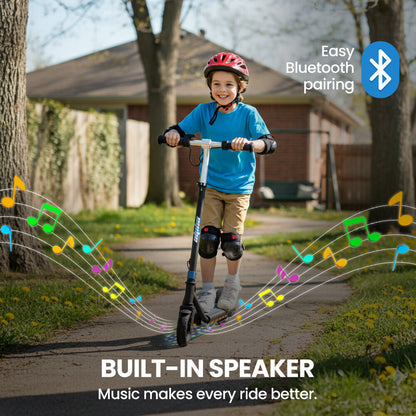 ALPHA Edge Electric Scooter, Kids & Teens, Adjustable Handlebars, 3 Speed Modes, Dual Foot E-Brake, Bluetooth Music, LED, Blue