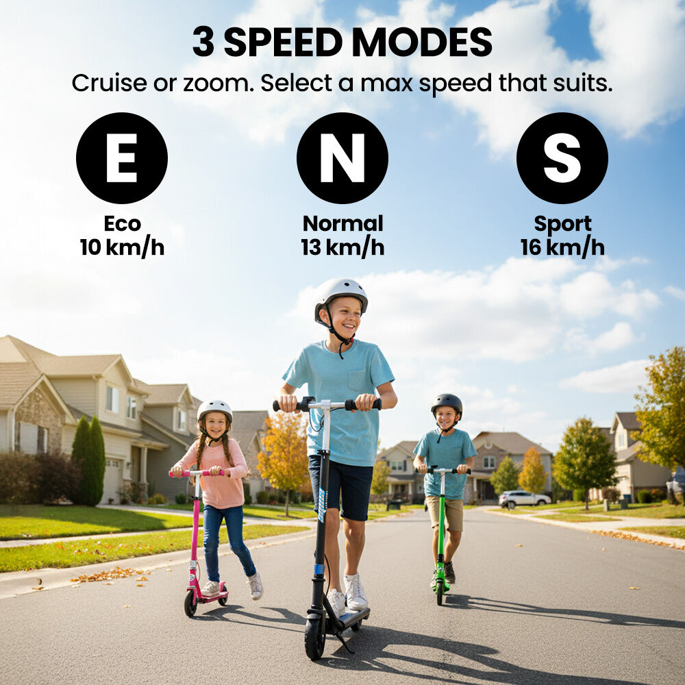 ALPHA Edge Electric Scooter, Kids & Teens, Adjustable Handlebars, 3 Speed Modes, Dual Foot E-Brake, Bluetooth Music, LED, Blue