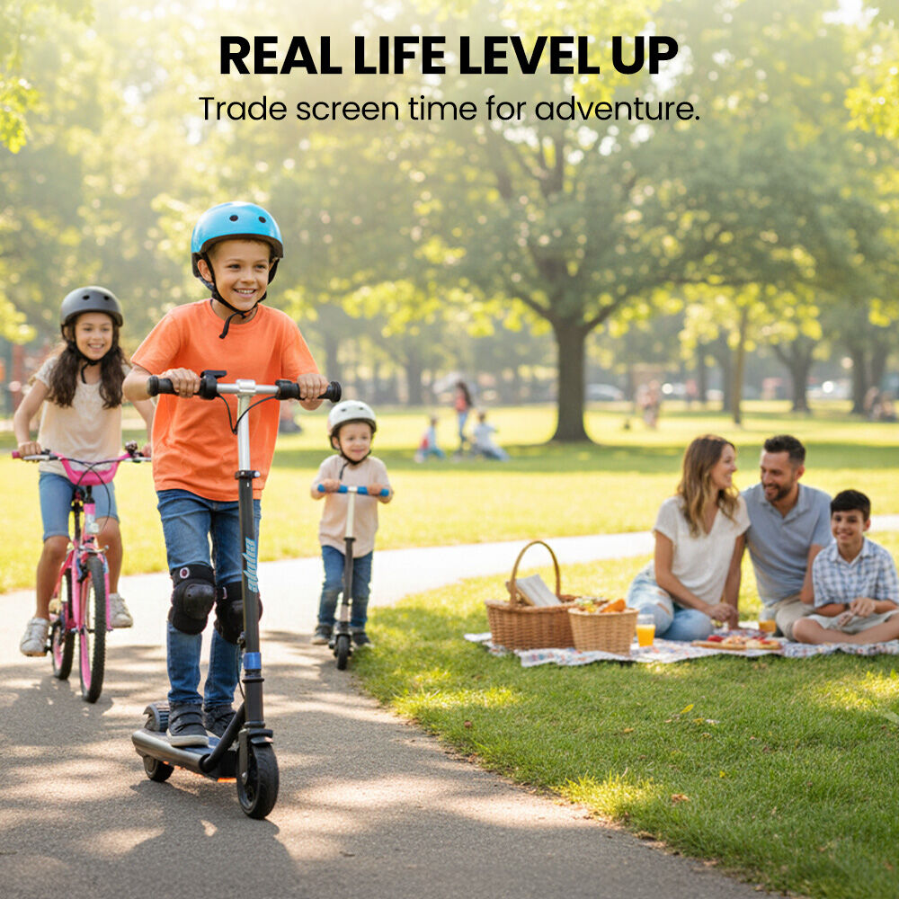 ALPHA Edge Electric Scooter, Kids & Teens, Adjustable Handlebars, 3 Speed Modes, Dual Foot E-Brake, Bluetooth Music, LED, Blue