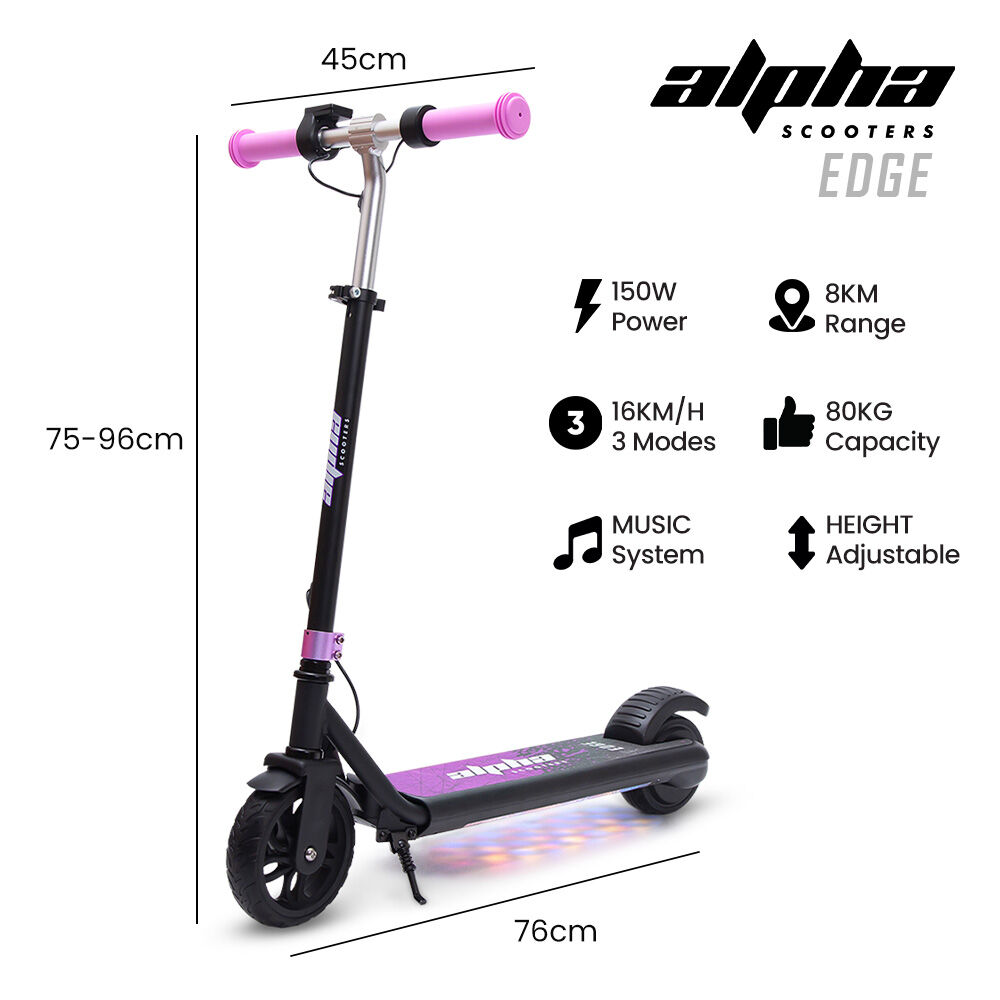 ALPHA Edge Electric Scooter, Kids Aged 6-12, Adjustable Height, 3 Speed Modes, Bluetooth, LED, Pink