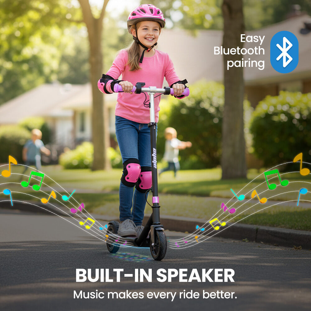 ALPHA Edge Electric Scooter, Kids Aged 6-12, Adjustable Height, 3 Speed Modes, Bluetooth, LED, Pink