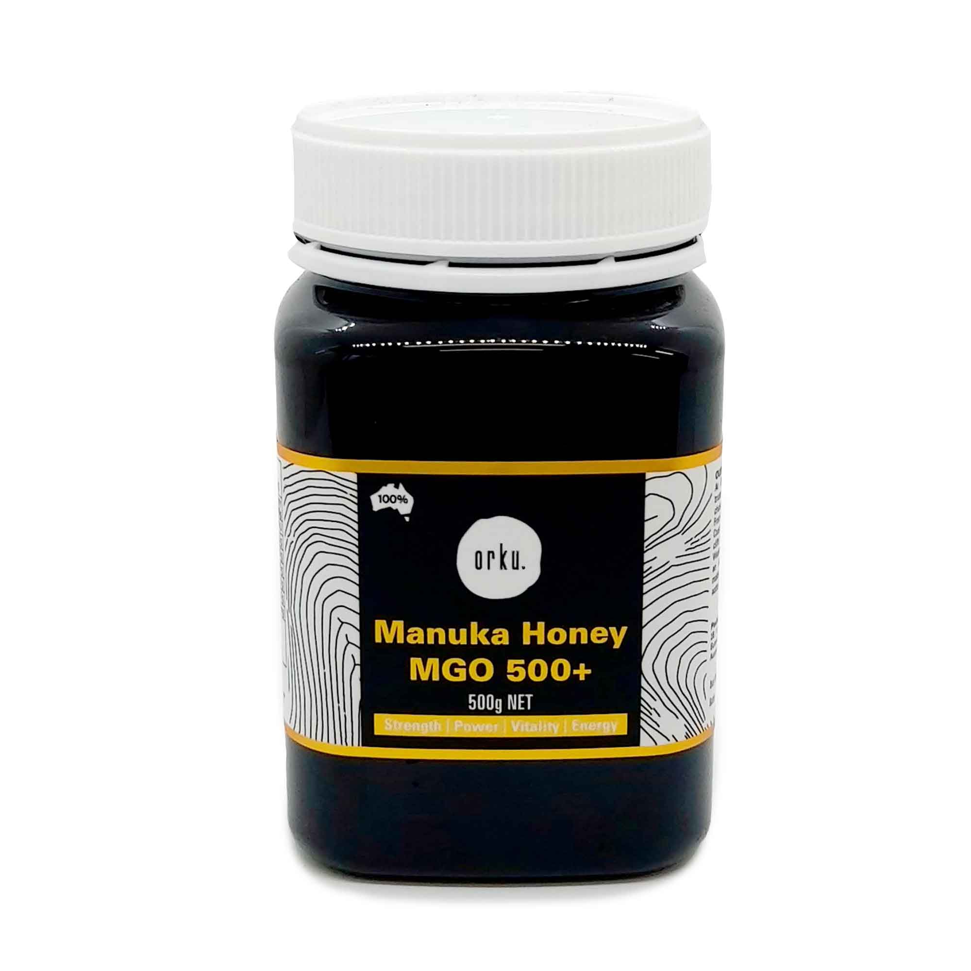 Jar of Manuka Honey MGO 500+ with a white lid on a white background