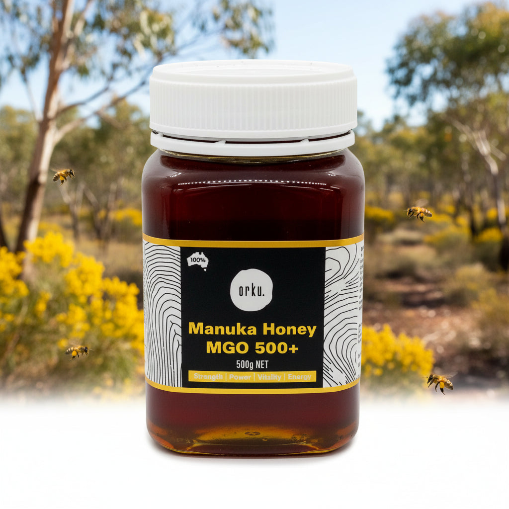 Jar of Manuka Honey MGO 500+ with a white lid on a white background