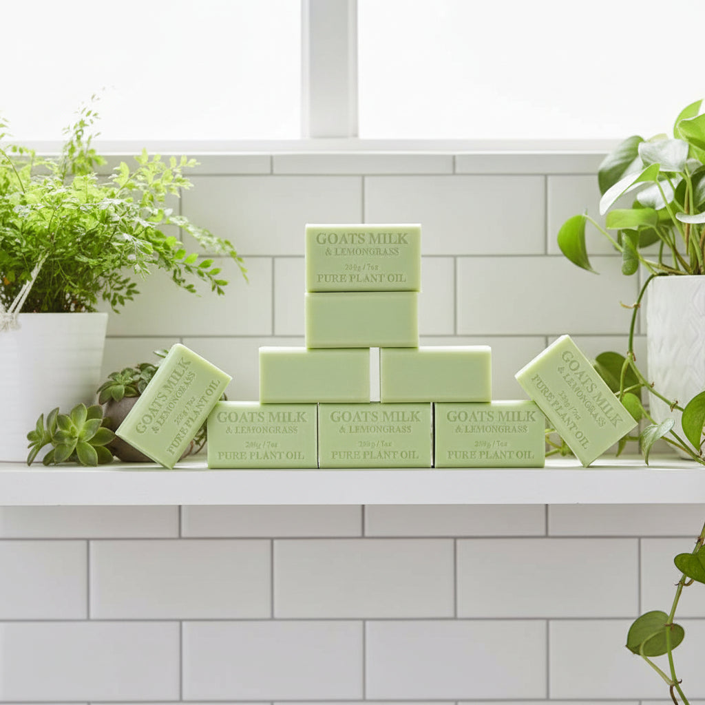 Green bar of soap labeled 'Goats Milk & Lemongrass' on a white background