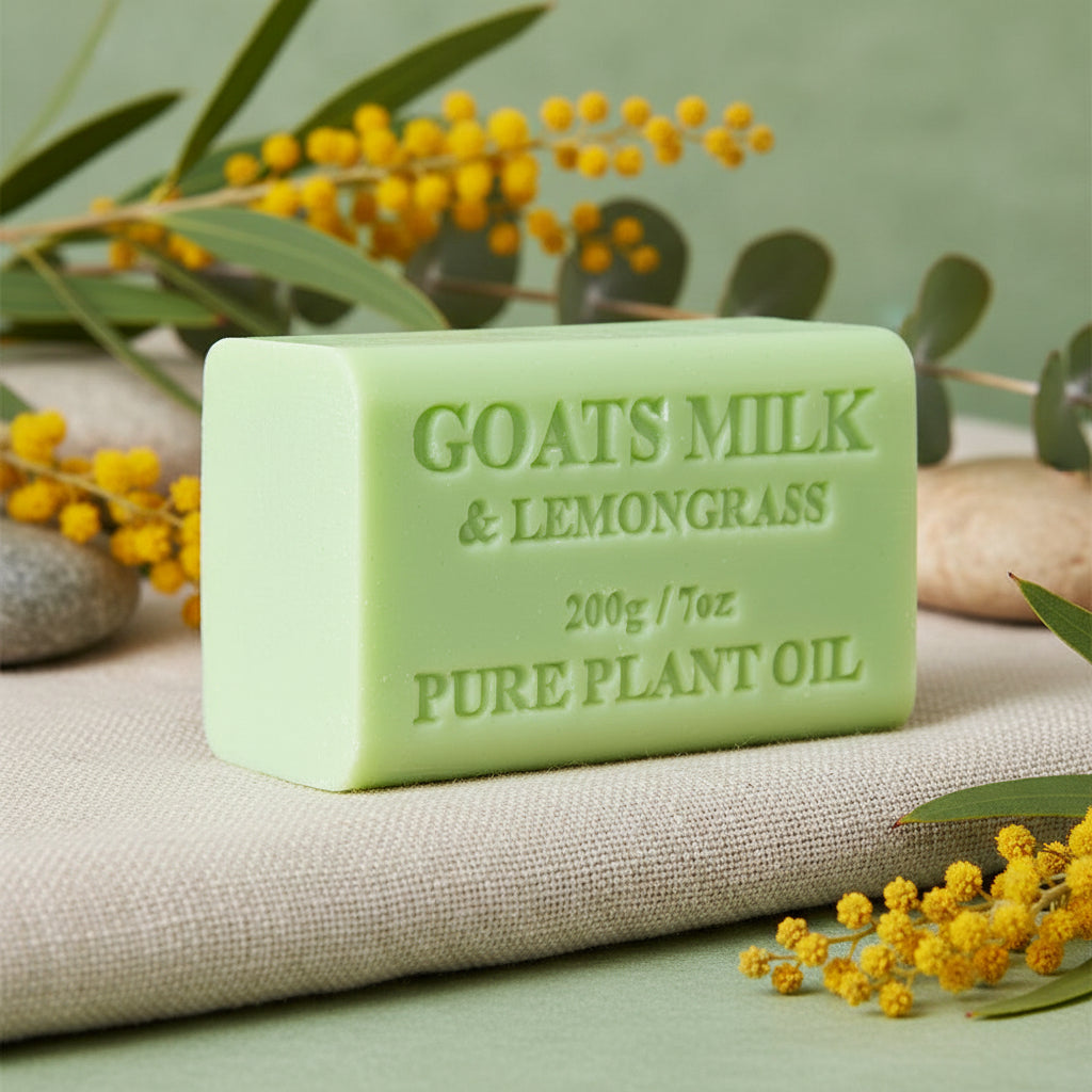 Green bar of soap labeled 'Goats Milk & Lemongrass' on a white background