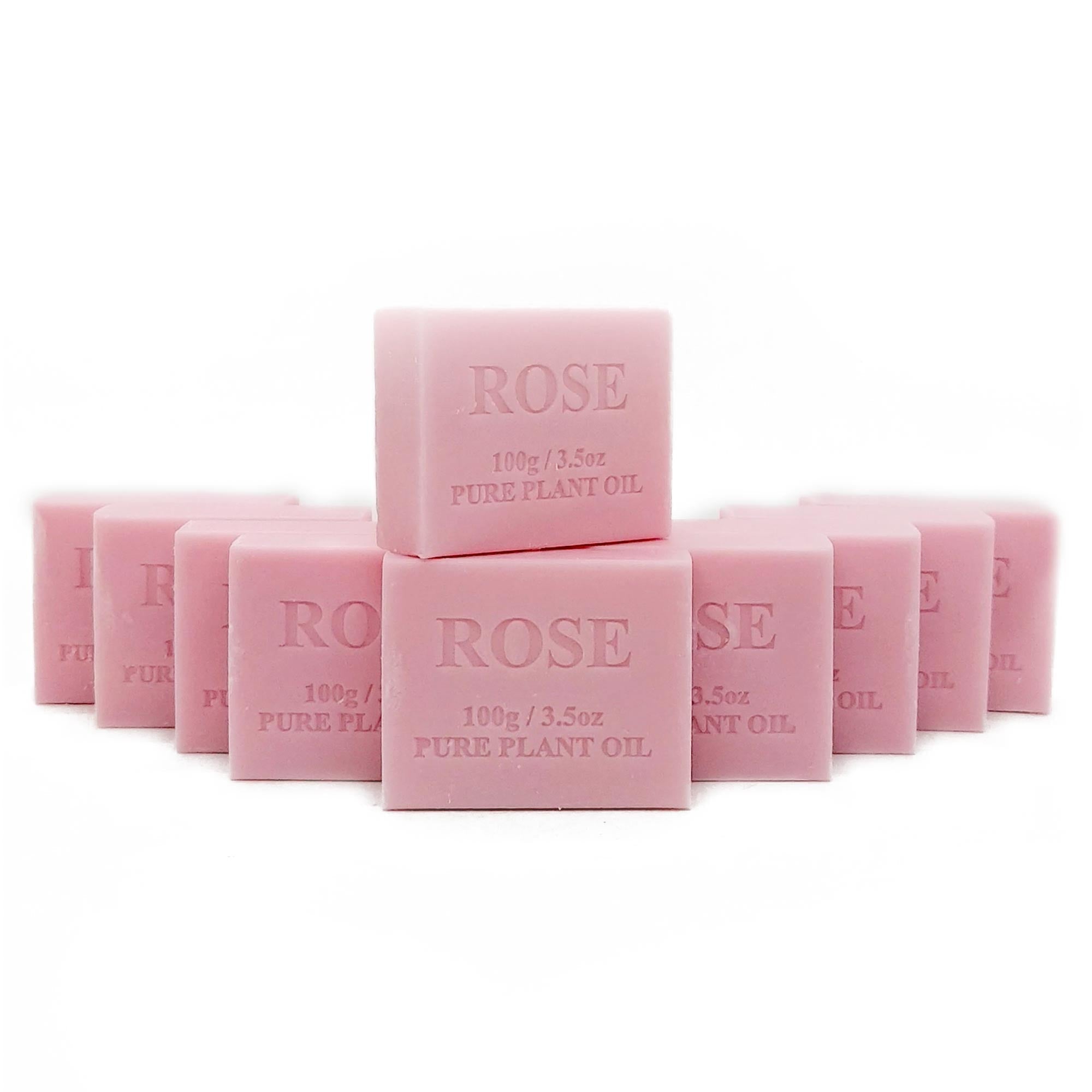 Pink soap bars with 'Rose' text on a white background