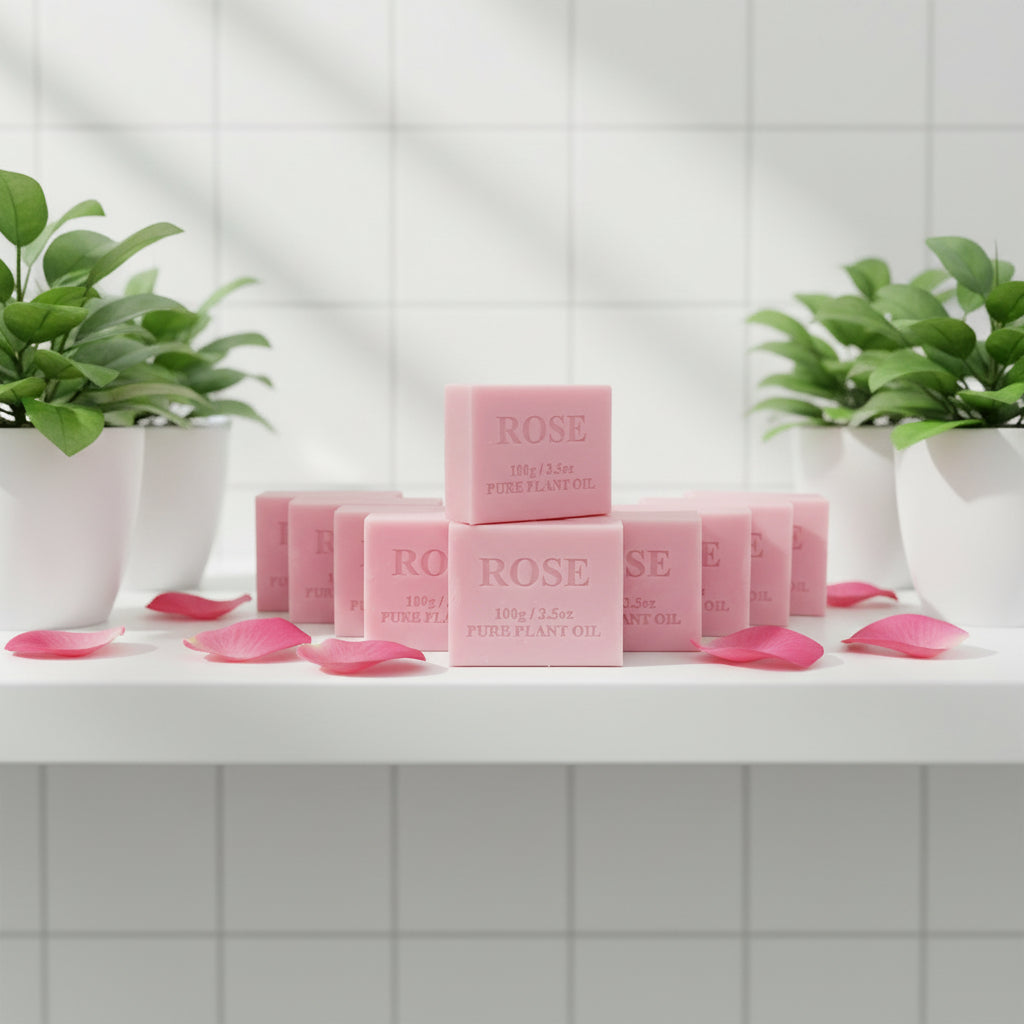 Pink soap bars with 'Rose' text on a white background