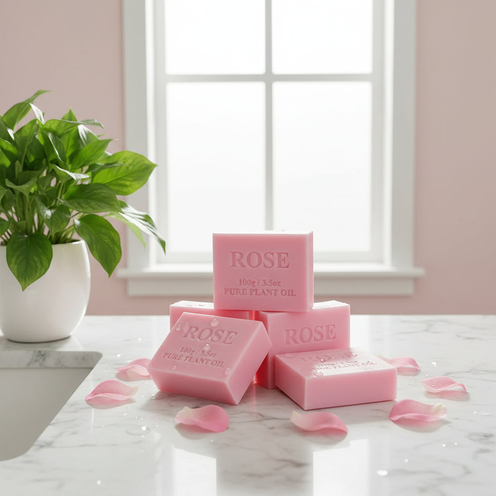 Pink soap bars labeled 'Rose' on a white background