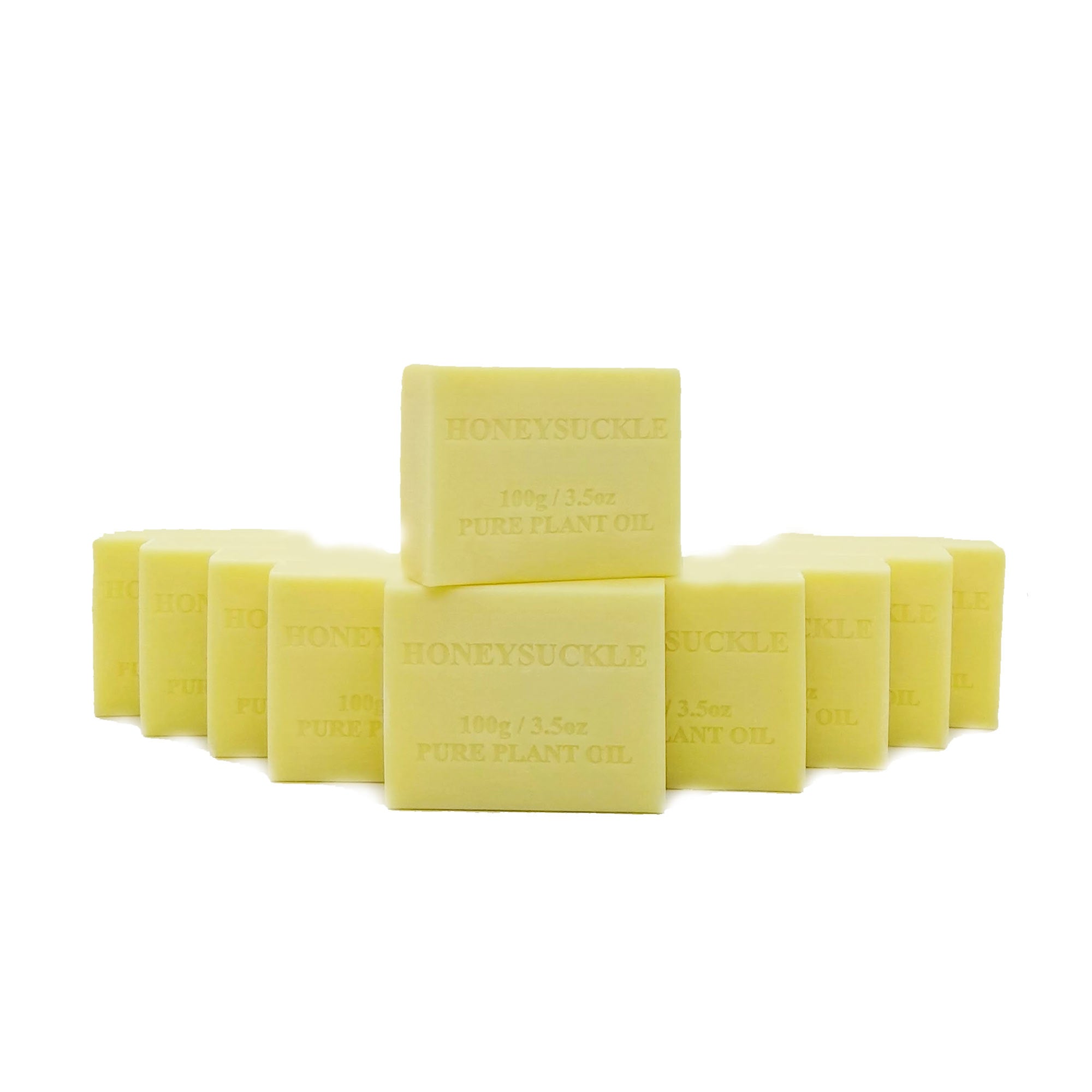 Yellow soap bars with 'Honeysuckle' branding on a white background