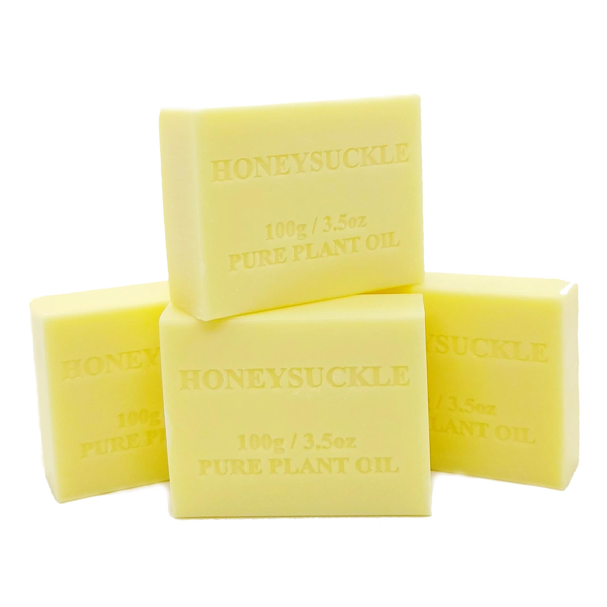 Four bars of Honeysuckle soap with plant oil text on a white background