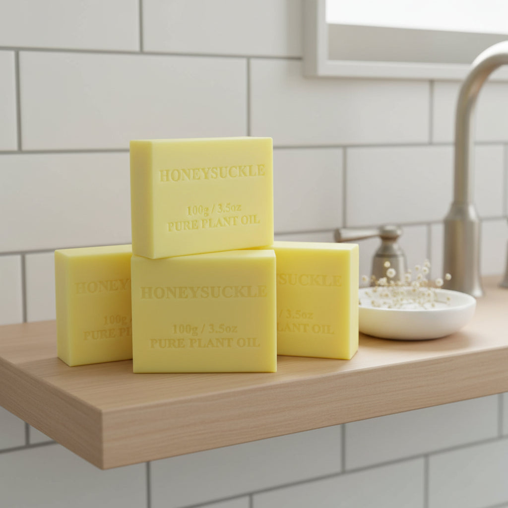 Four bars of Honeysuckle soap with pure plant oil text on a white background