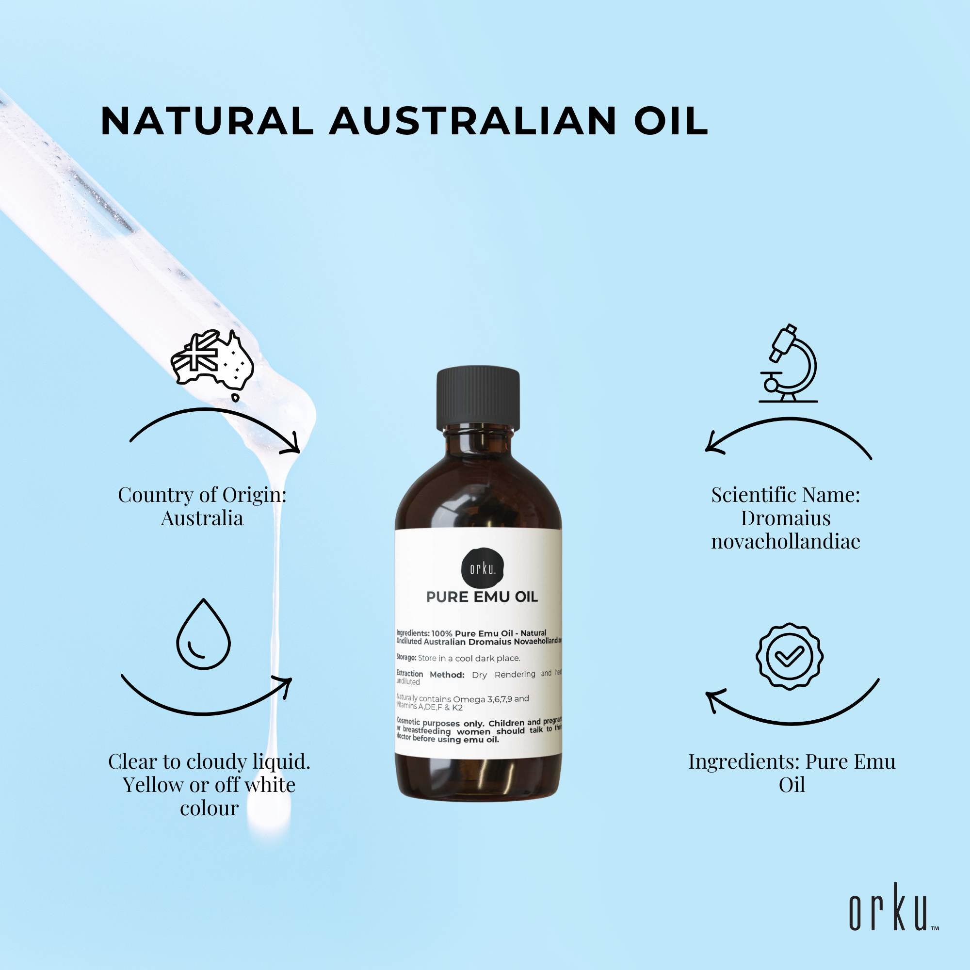Orku 250ml Pure Emu Oil - Natural Undiluted Australian Dromaius Novaehollandiae